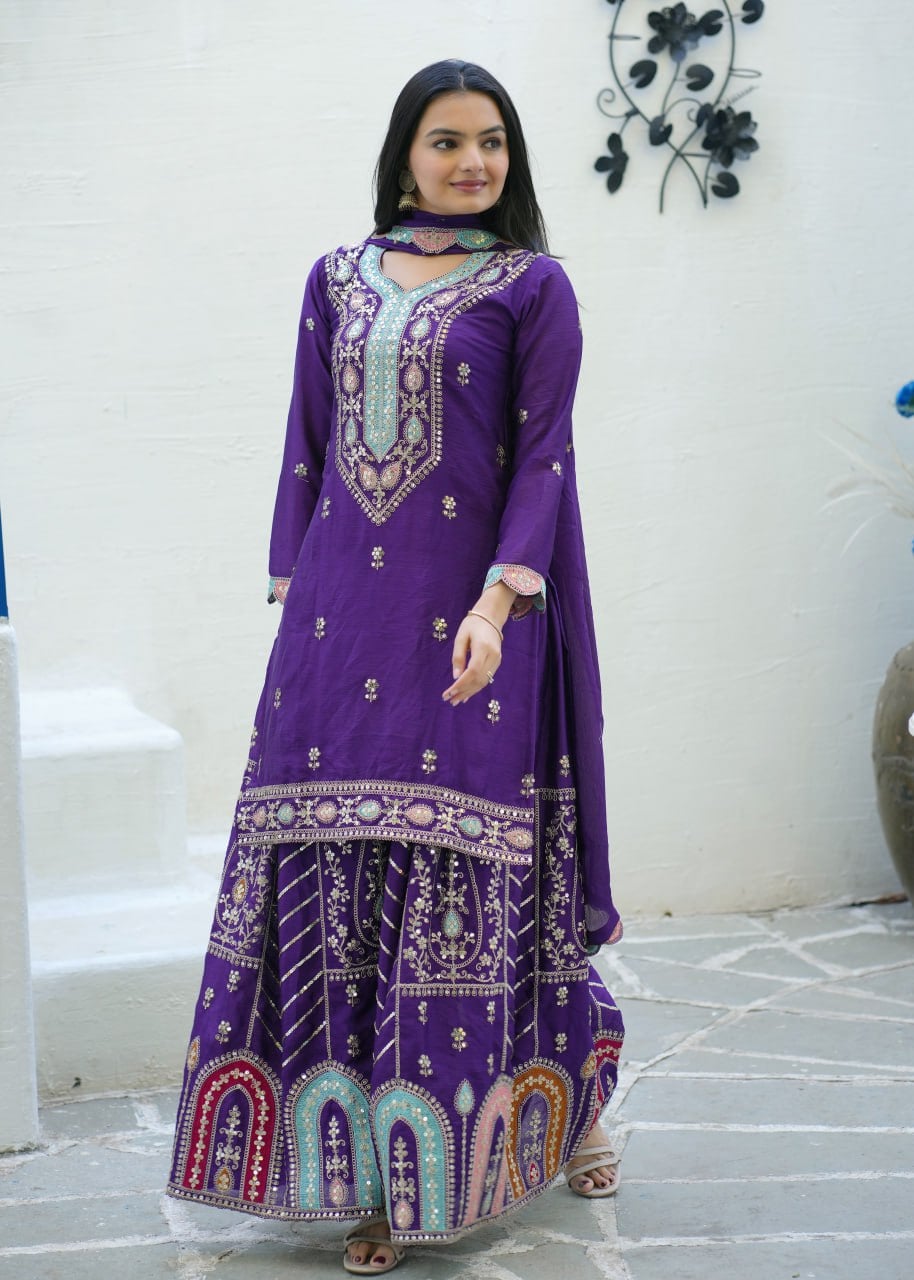 Designer Purple Embroidered Chinon Suit with Sharara Set