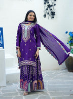 Designer Purple Embroidered Chinon Suit with Sharara Set