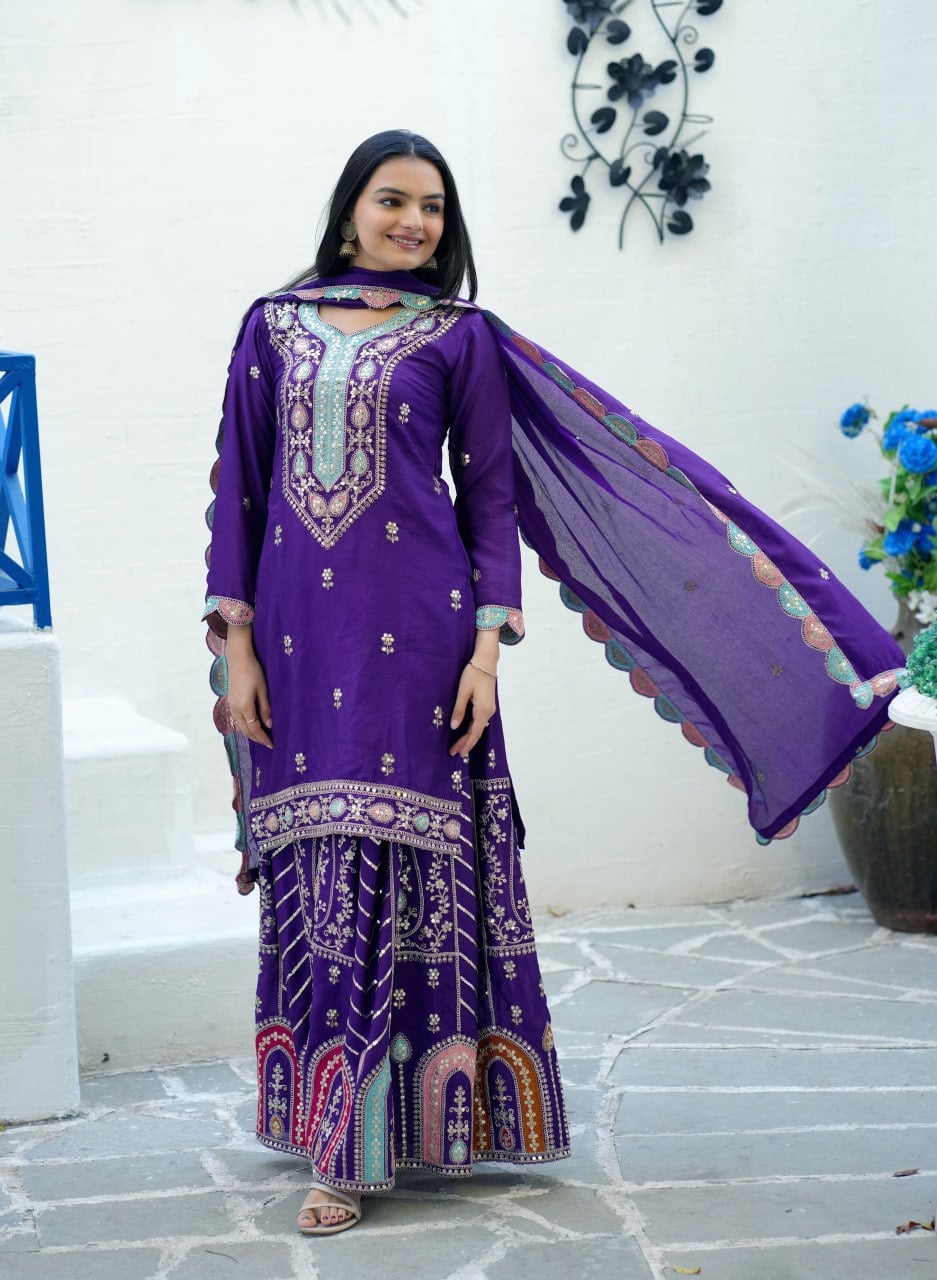 Designer Purple Embroidered Chinon Suit with Sharara Set