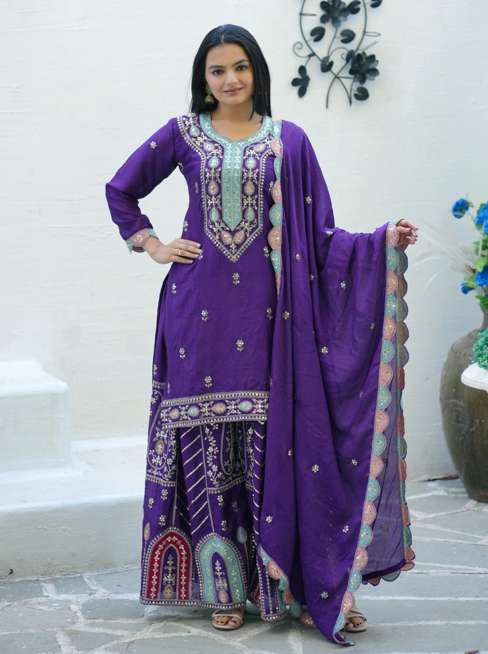 Designer Purple Embroidered Chinon Suit with Sharara Set