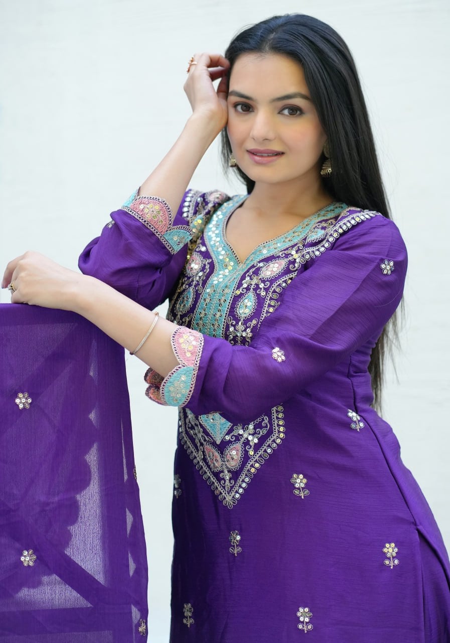Designer Purple Embroidered Chinon Suit with Sharara Set