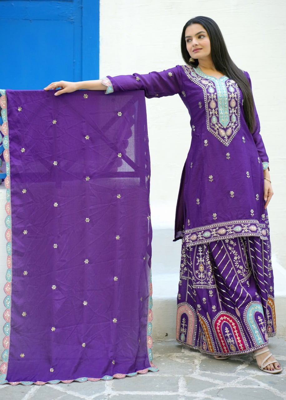 Designer Purple Embroidered Chinon Suit with Sharara Set