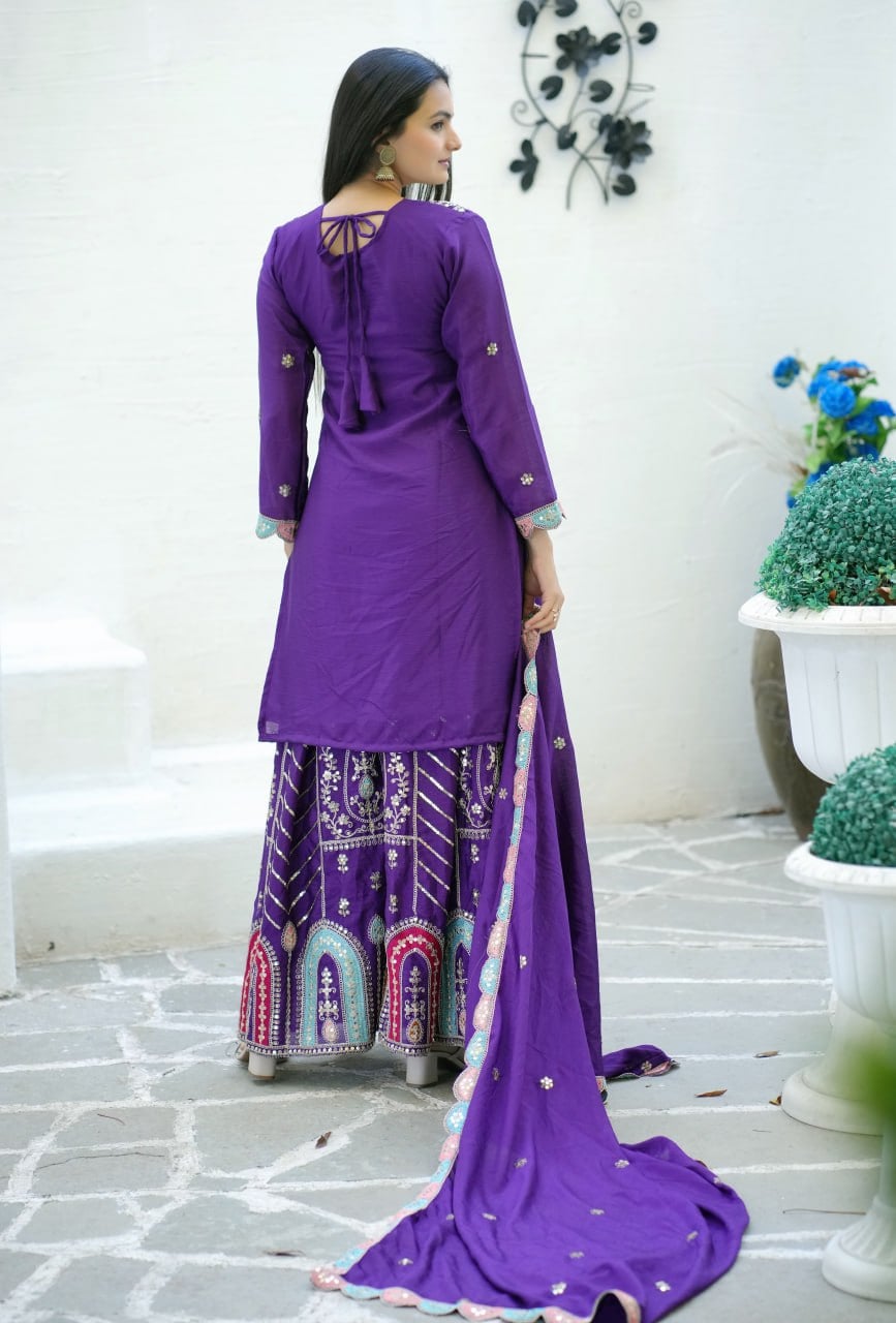 Designer Purple Embroidered Chinon Suit with Sharara Set
