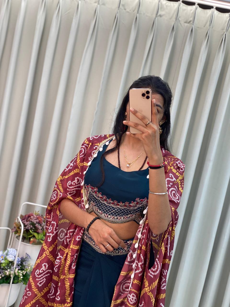 Navy blue Indo Western dhoti set for women with embroidered blouse and chinon cape