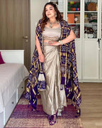 Luxurious cream three piece Indo Western outfit with printed cape, dhoti, and blouse set