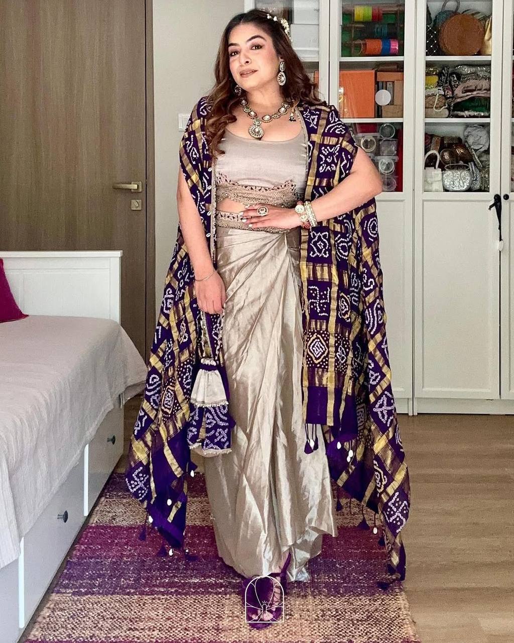 Luxurious cream three piece Indo Western outfit with printed cape, dhoti, and blouse set