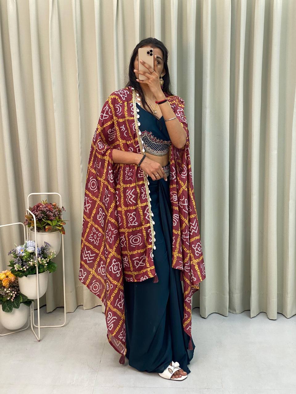Trendy navy blue three piece Indo Western outfit with stylish cape, blouse and dhoti