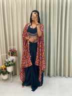 Designer navy blue Indo Western three piece outfit with blouse, dhoti and printed cape