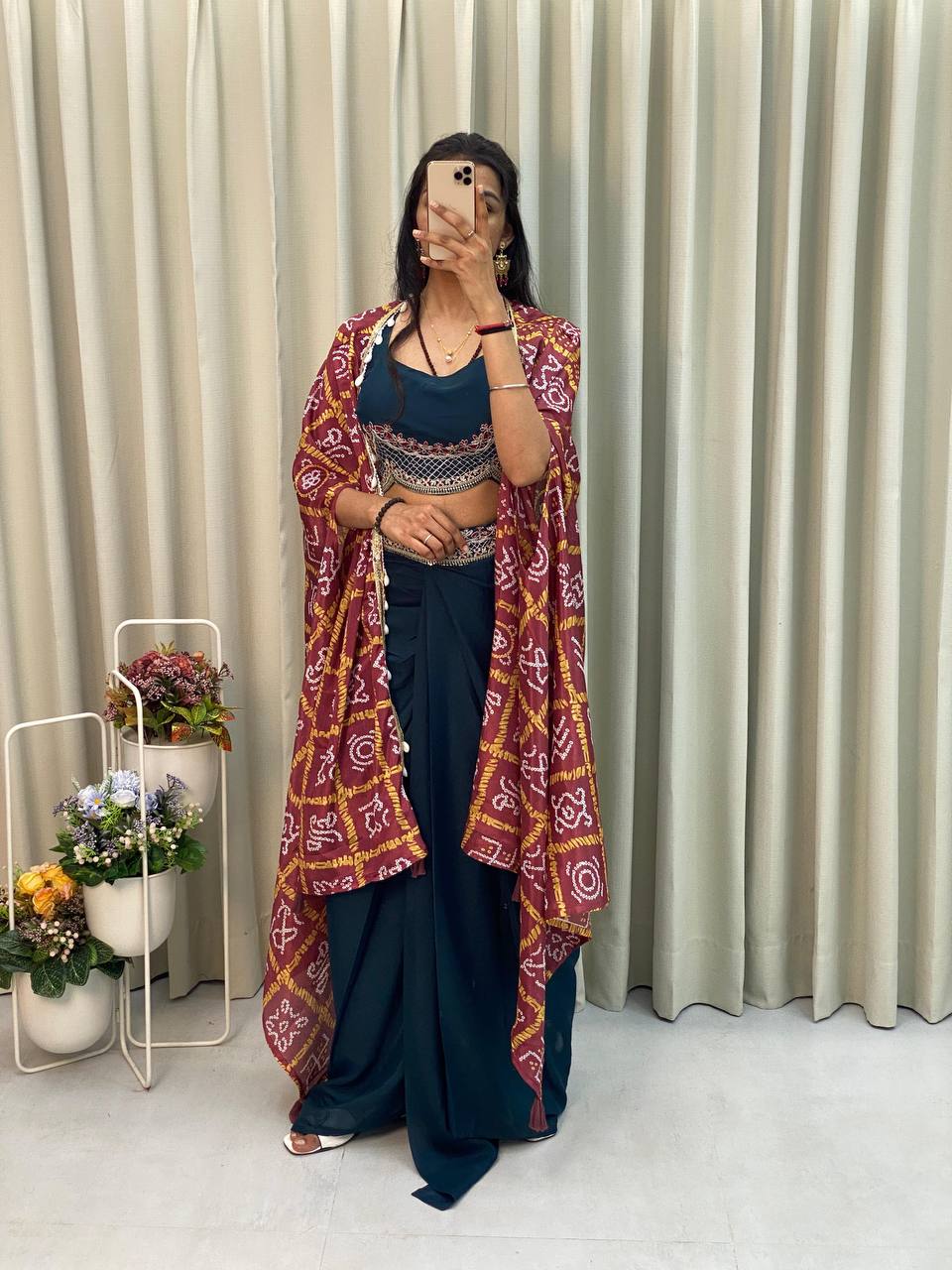 Designer navy blue Indo Western three piece outfit with blouse, dhoti and printed cape