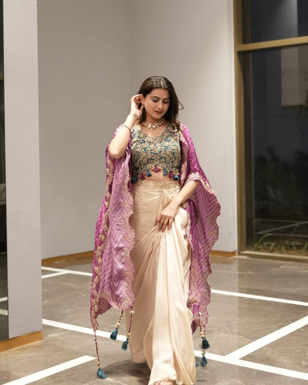 Elegant Indo Western outfit with detailed sequence embroidery for wedding occasions.