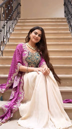 Stylish three-piece Indo Western outfit in green, cream, and pink perfect for weddings.