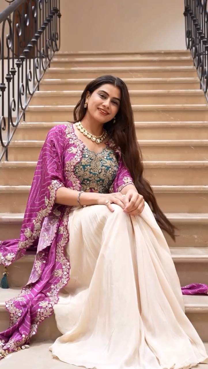 Stylish three-piece Indo Western outfit in green, cream, and pink perfect for weddings.