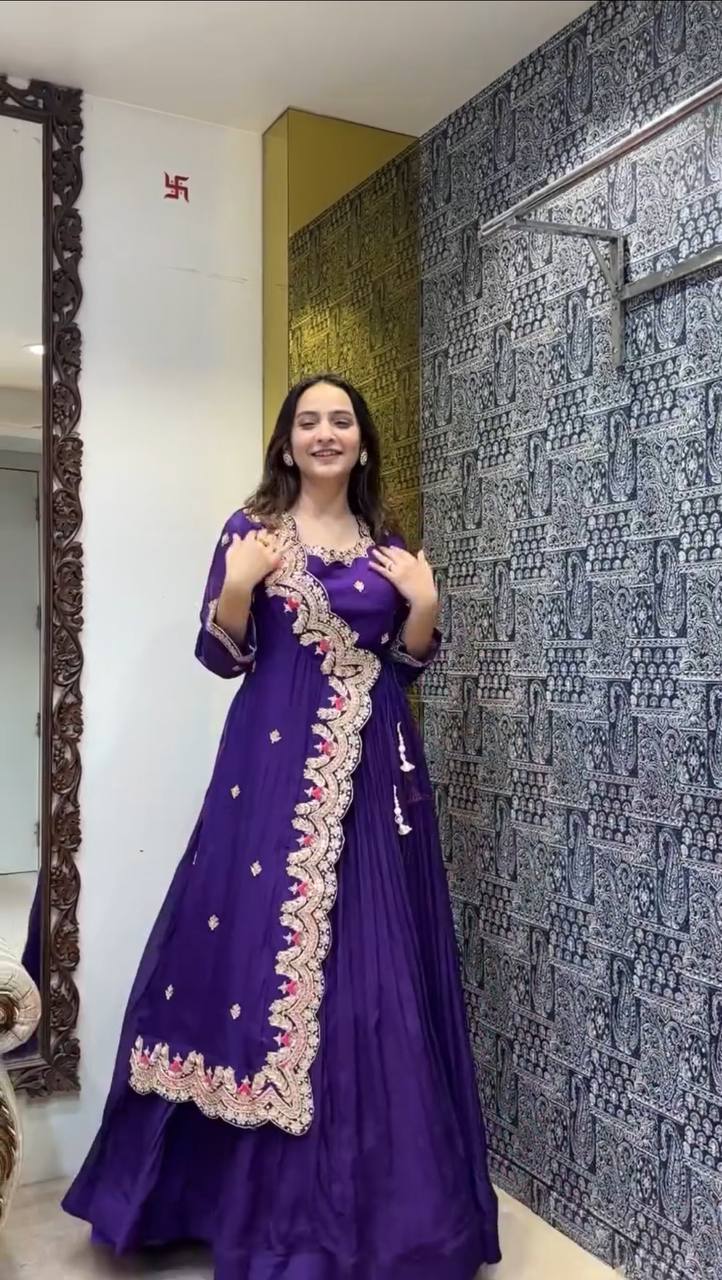 Designer purple fancy gown with cording sequence and foil work, perfect for weddings.