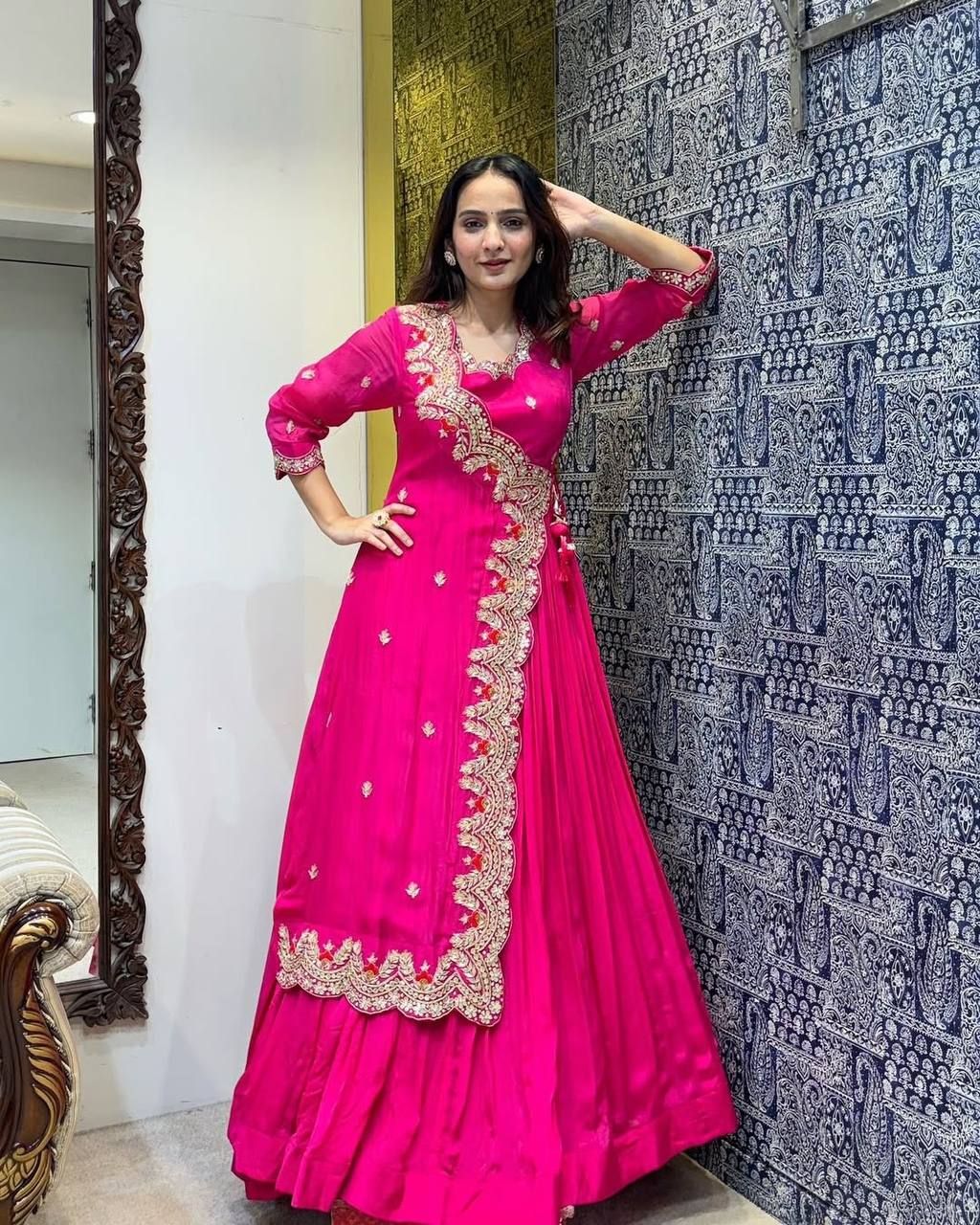 Luxurious pink western gown for wedding events, crafted in faux georgette with foil work