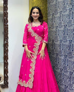 Stylish pink fancy gown with cording sequence embroidery, ideal for women’s wedding wear