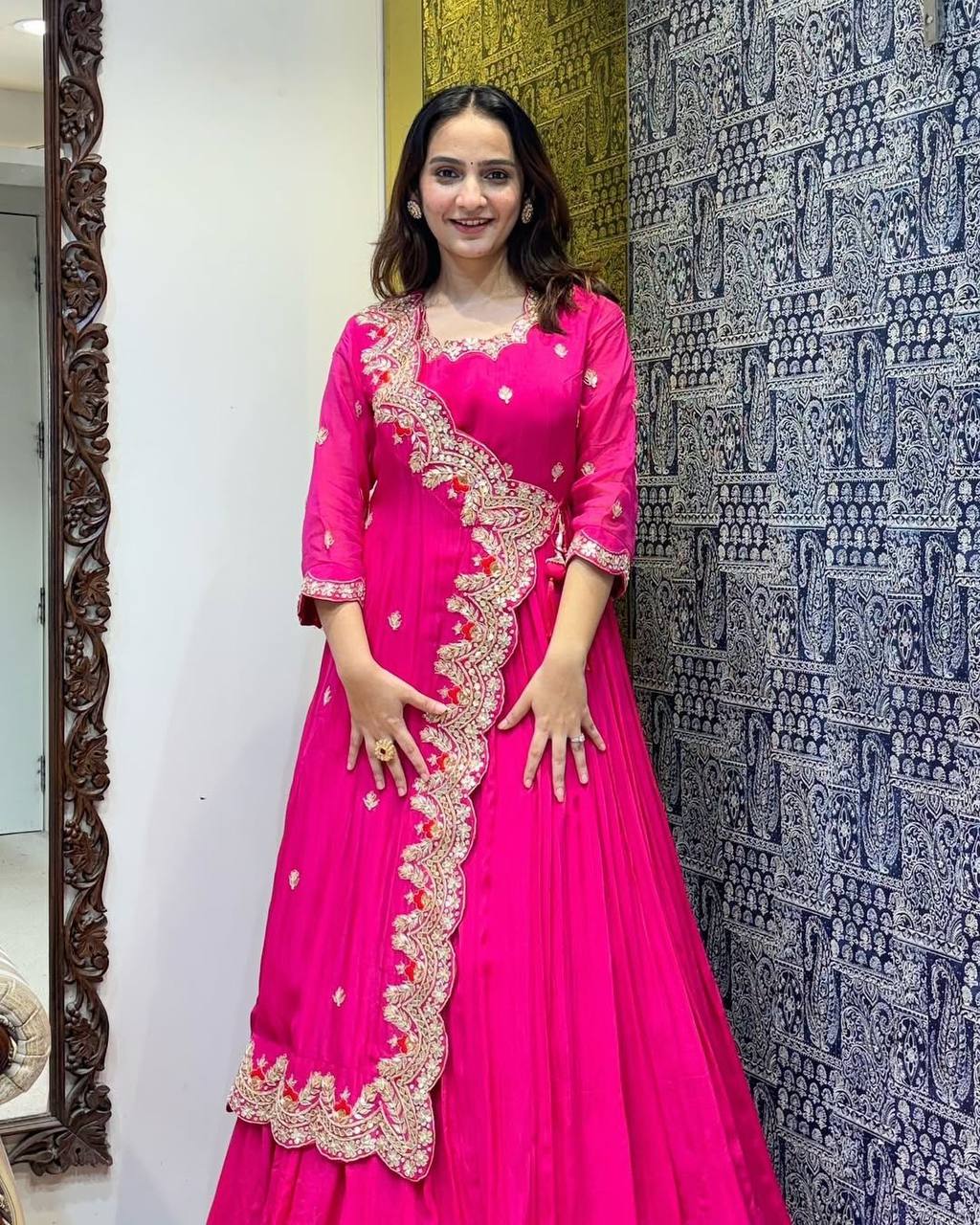 Stylish pink fancy gown with cording sequence embroidery, ideal for women’s wedding wear