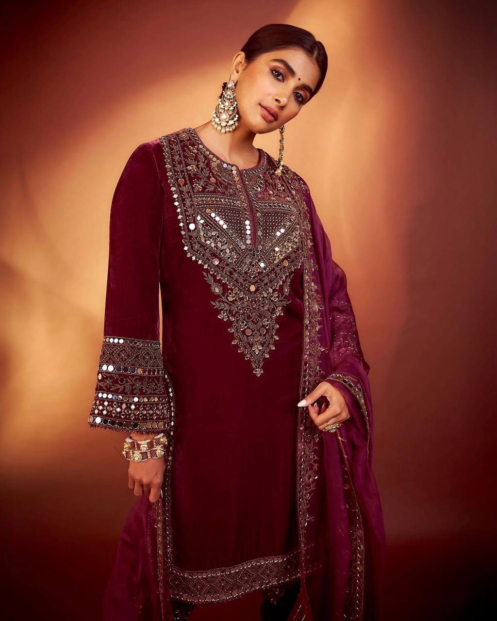 Luxury Wine Velvet Sequence Embroidered Suit with Pant & Dupatta