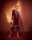 Luxury Wine Velvet Sequence Embroidered Suit with Pant & Dupatta