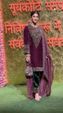 Luxury Wine Velvet Sequence Embroidered Suit with Pant & Dupatta