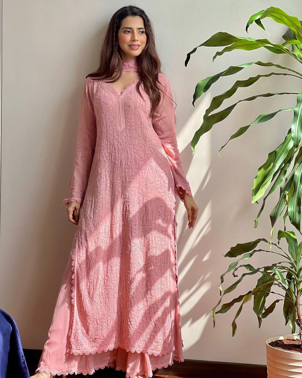 Stylish Peach Embroidered Plazo Set in Faux Georgette
