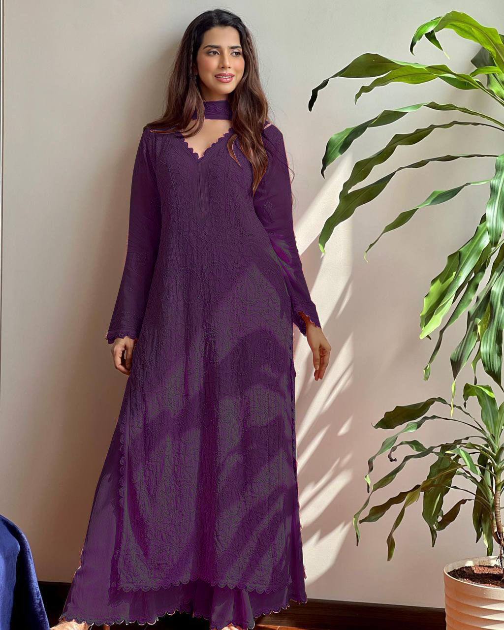 Trendy Wine Georgette Embroidered Top & Plazo Set