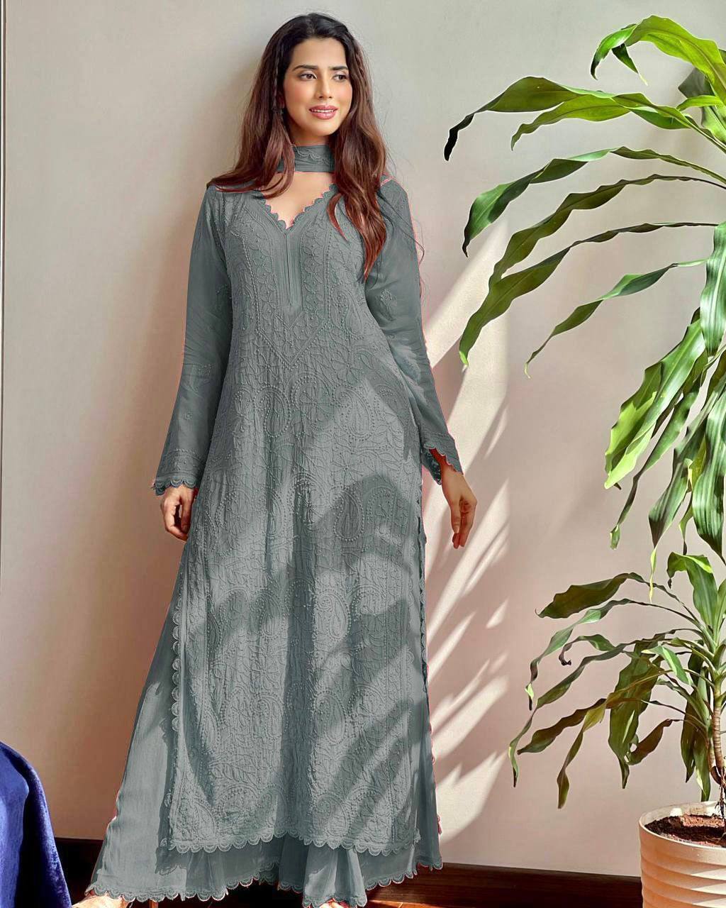 Trending Grey Faux Georgette Embroidered Plazo Set