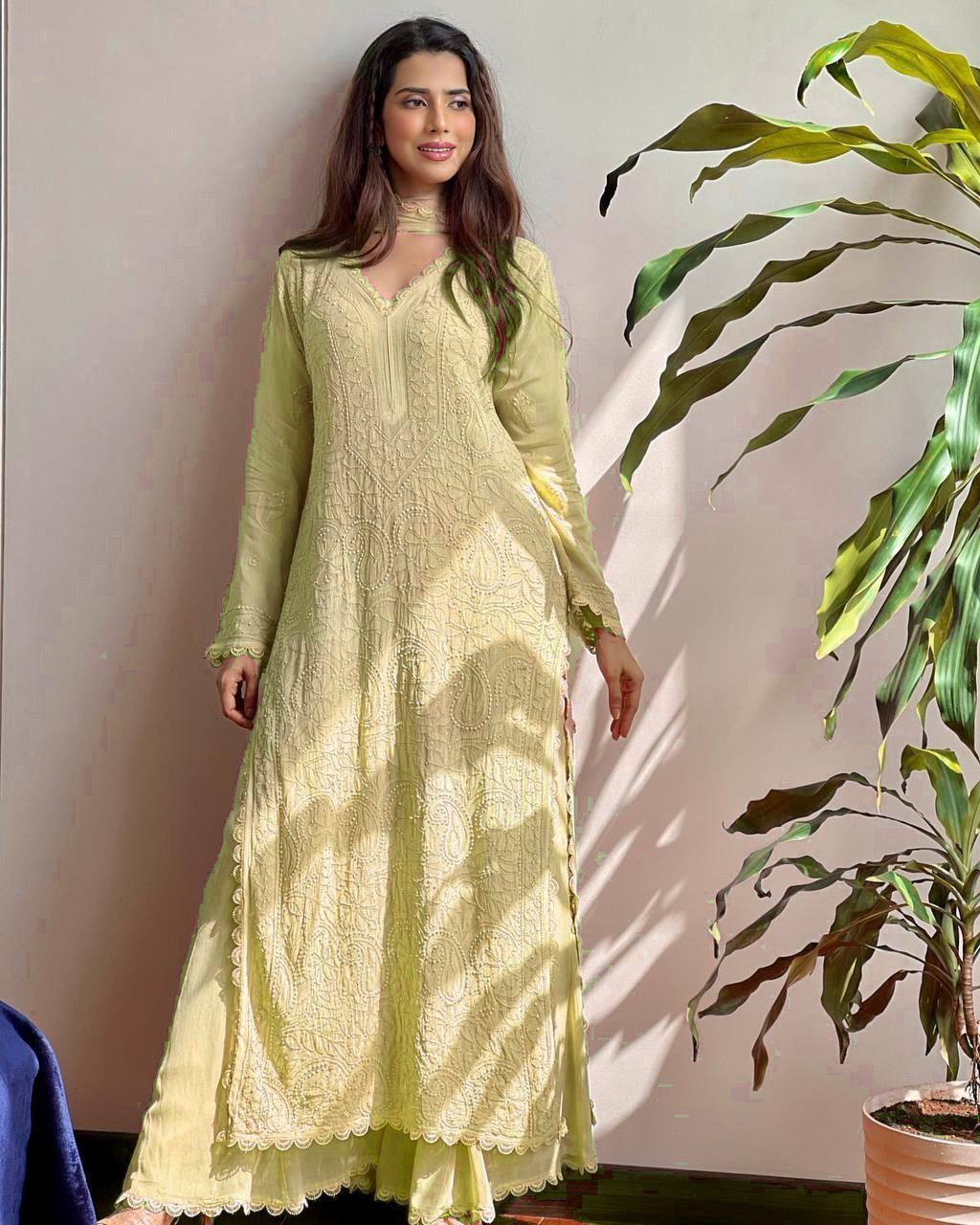 Stylish Yellow Faux Georgette Embroidered Plazo Set