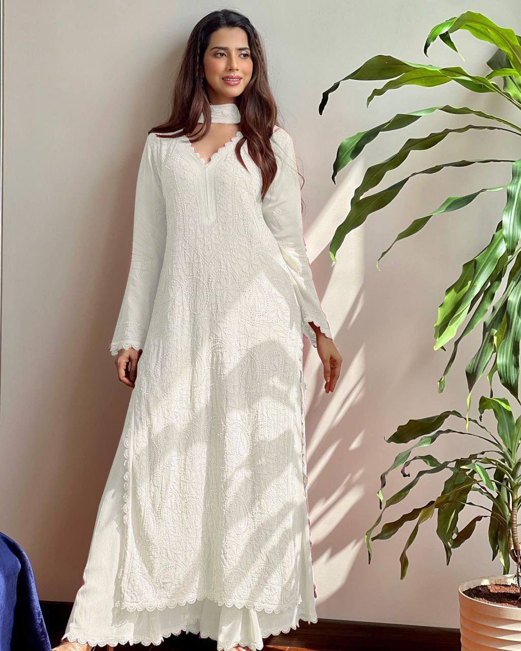 Stylish White Faux Georgette Embroidered Plazo Suit Set
