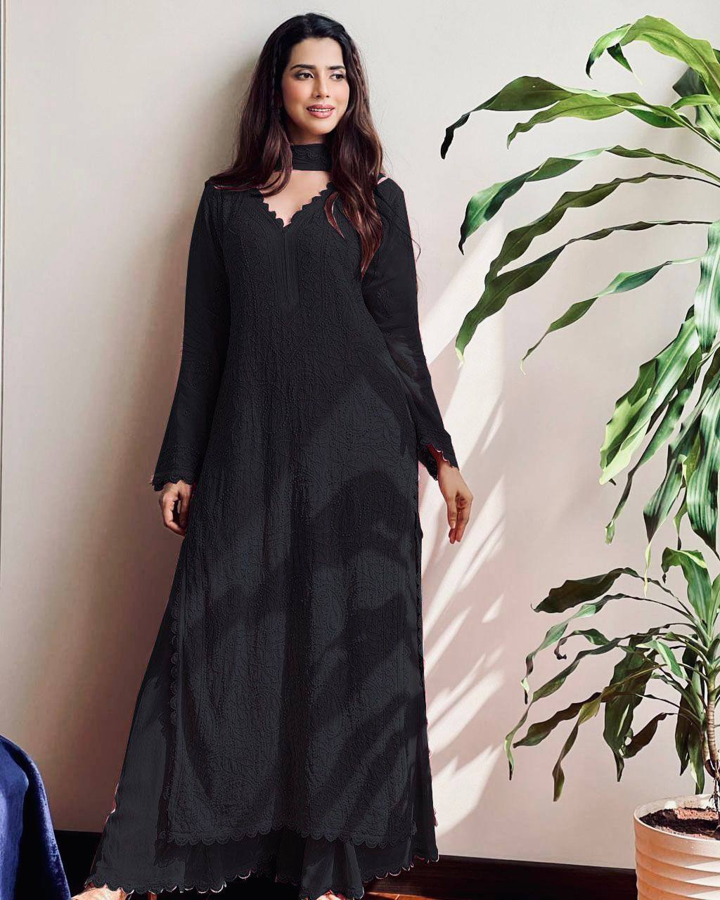Trending Black Faux Georgette Embroidered Plazo Set