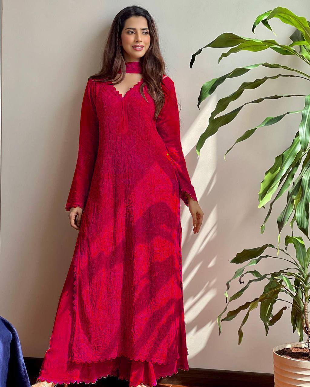Trending Red Faux Georgette Embroidered Plazo Set