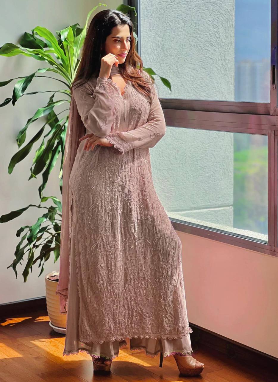 Trending Dusty Pink Faux Georgette Plazo Set for Women
