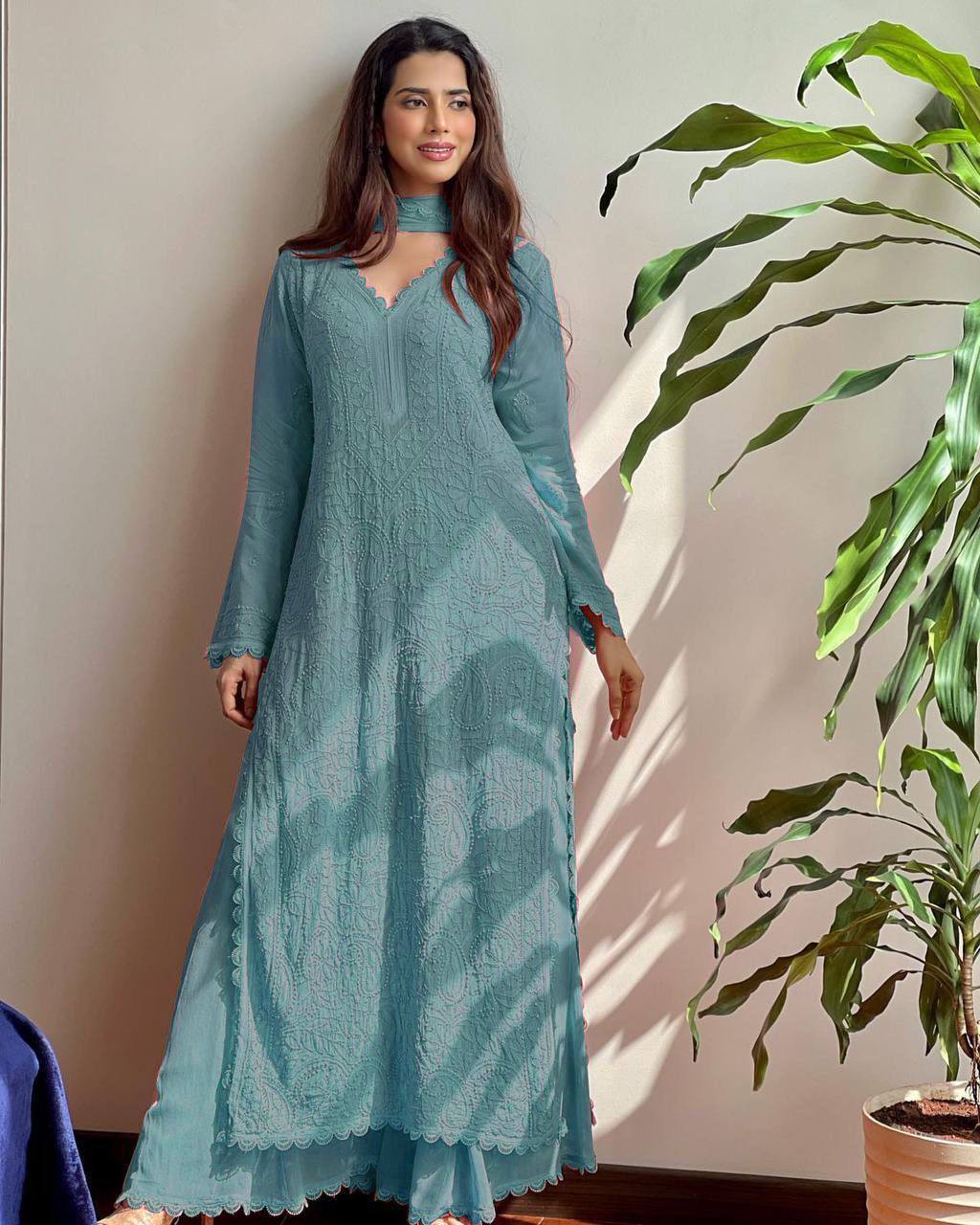 Stylish Rama Faux Georgette Embroidered Plazo Suit Set
