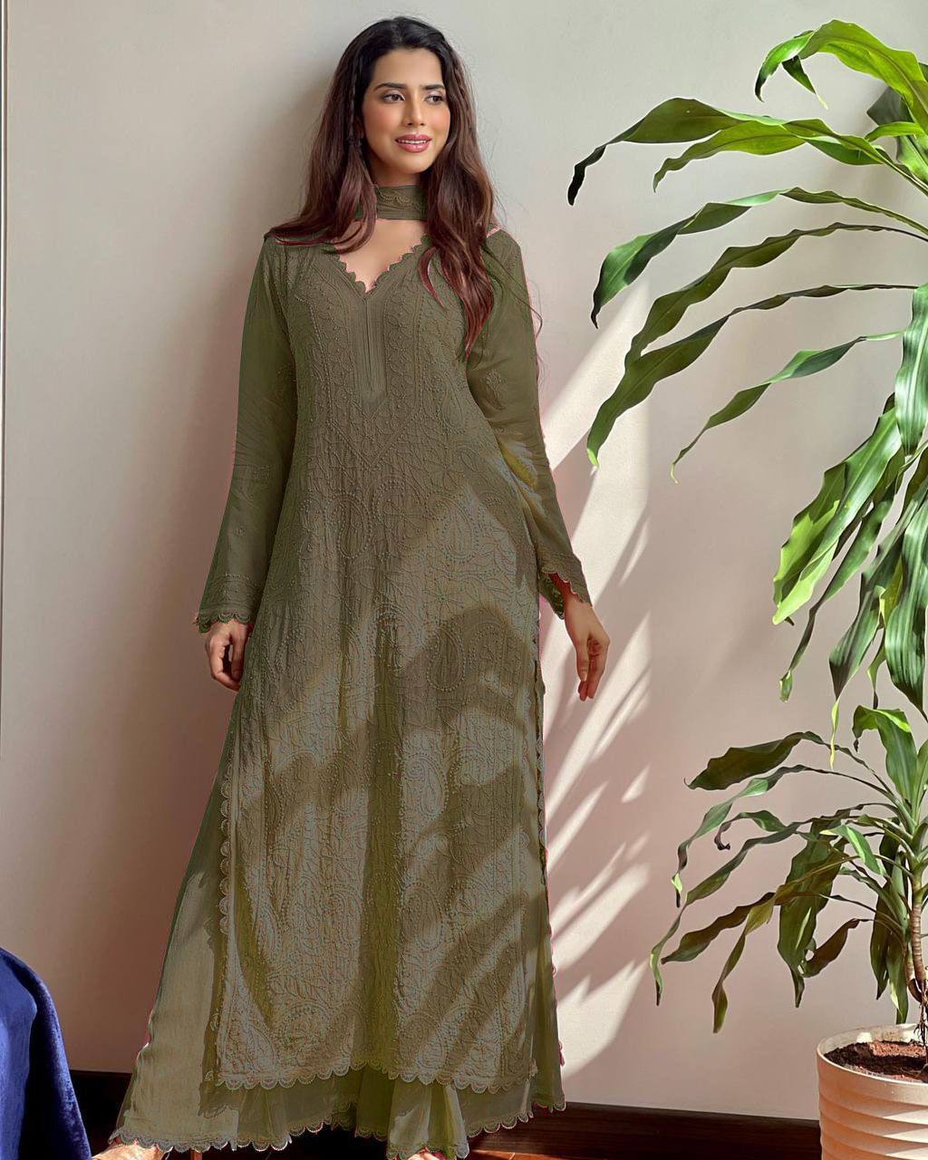 Trending Mehndi Faux Georgette Embroidered Plazo Set