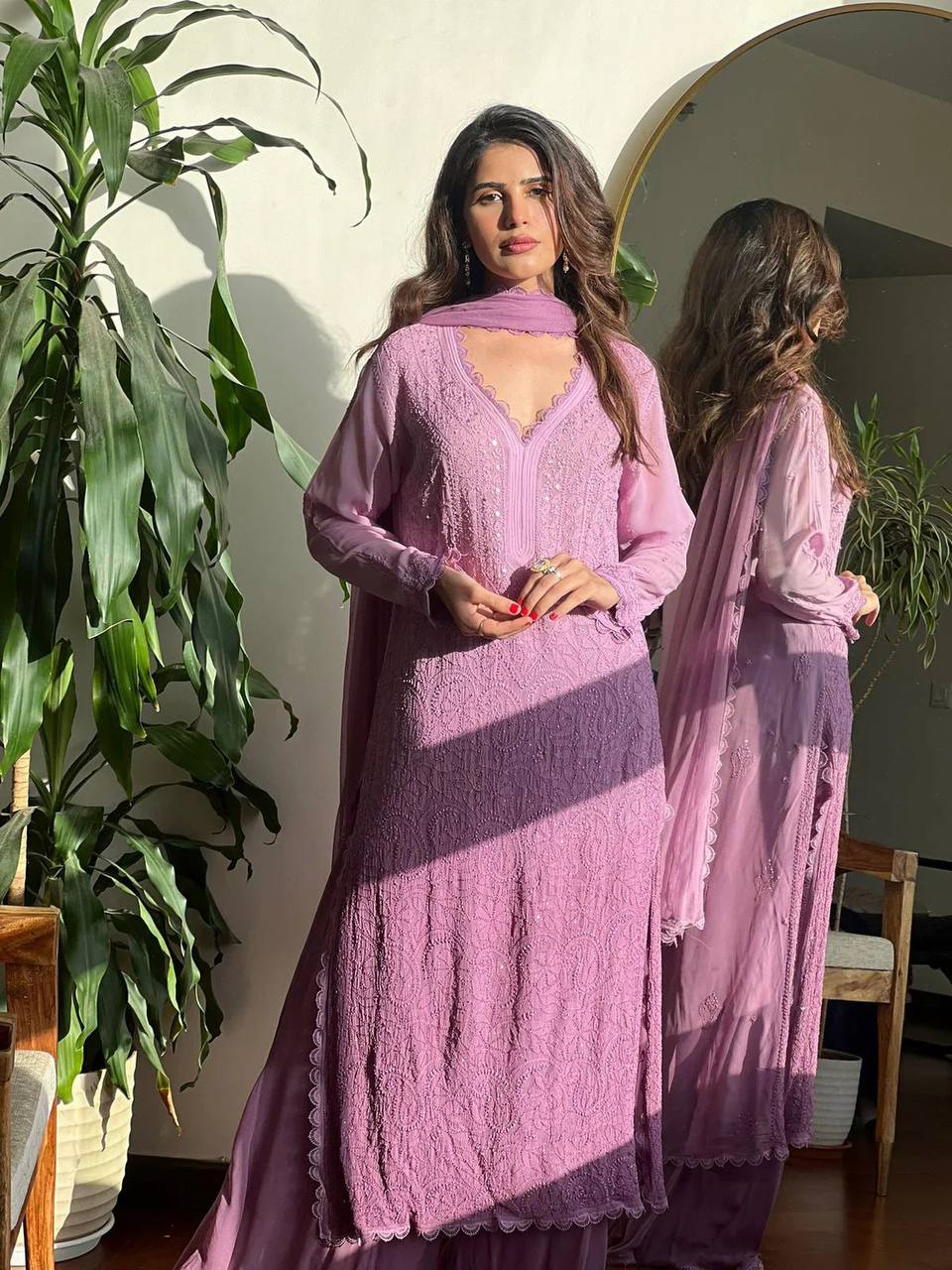 Stylish Light Pink Faux Georgette Plazo Set with Dupatta