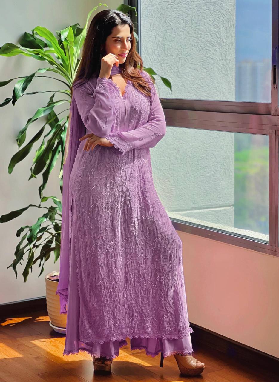Stylish Light Pink Faux Georgette Plazo Set with Dupatta