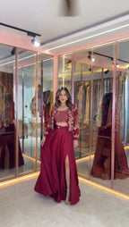 Dark pink three-piece Indo Western outfit for women with jacket, lehenga and blouse

