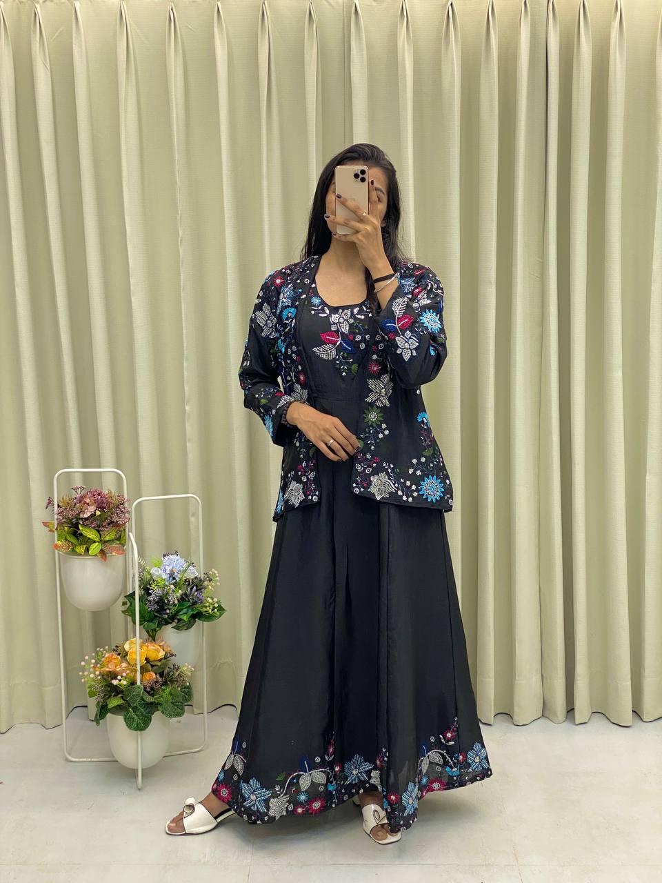 Black chinon western gown with fancy koti and embroidery for wedding wear