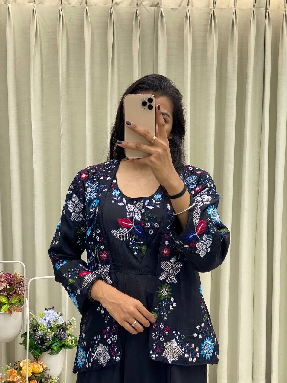 Designer black gown with sequin embroidery and koti for festive occasions