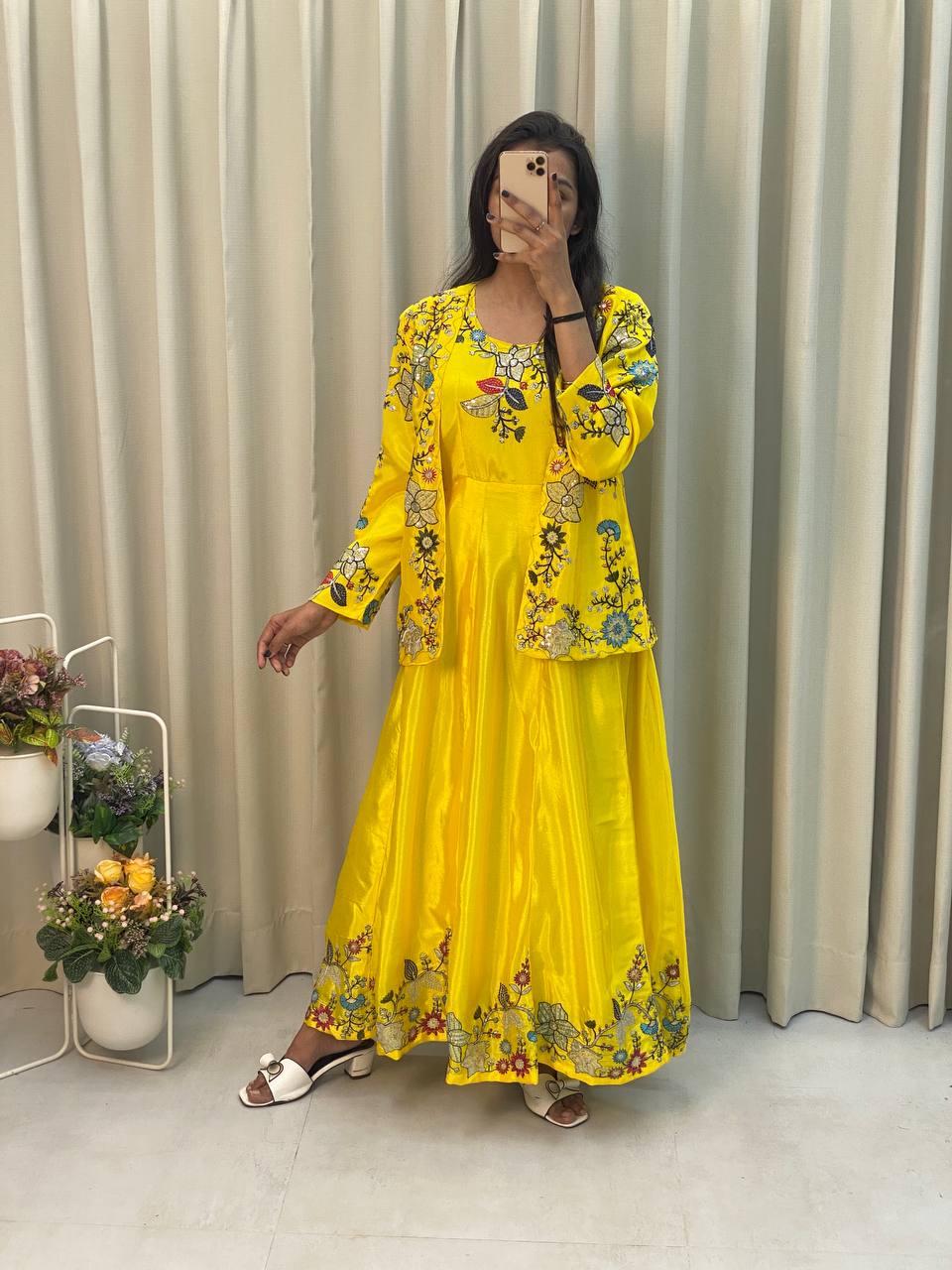 Designer yellow chinon gown with cording sequence embroidery, perfect for weddings and occasions.