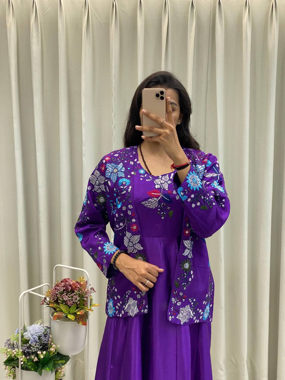 Designer Purple Western Gown and embroidered Koti, perfect for festive occasions