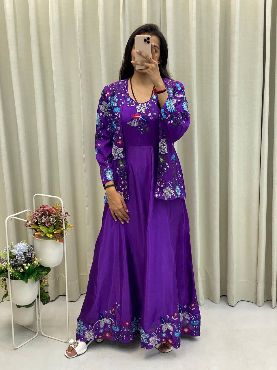 Elegant Purple Western Gown with embroidery and matching Chinon Koti for weddings