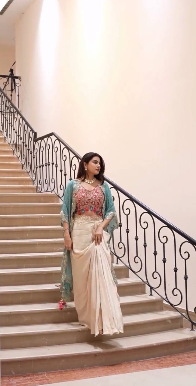 Stylish three-piece Pink, Cream, Rama Indo Western outfit perfect for festive wear
