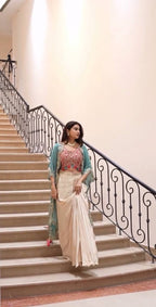 Stylish three-piece Pink, Cream, Rama Indo Western outfit perfect for festive wear