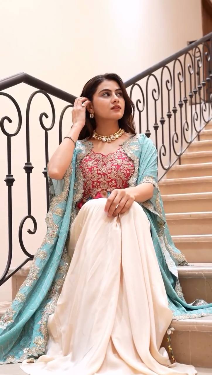 Elegant Pink and Rama Indo Western outfit with sequence embroidery for weddings
