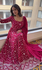 Designer Dark Pink Anarkali Suit Set with Embroidery Work Perfect for Festive Wear