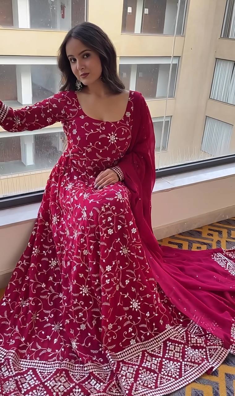 Designer Dark Pink Anarkali Suit Set with Embroidery Work Perfect for Festive Wear