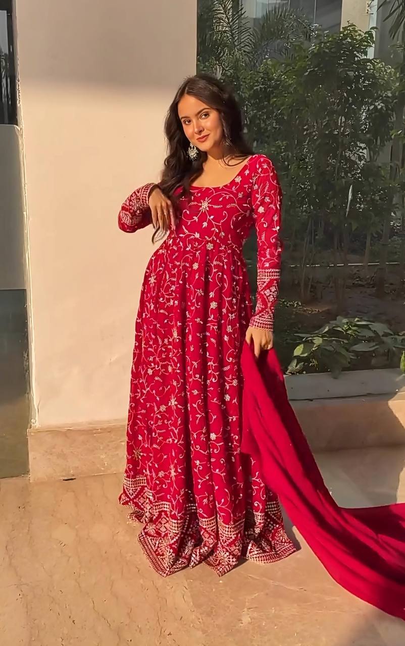 Designer Dark Pink Anarkali Suit Set with Embroidery Work Perfect for Festive Wear