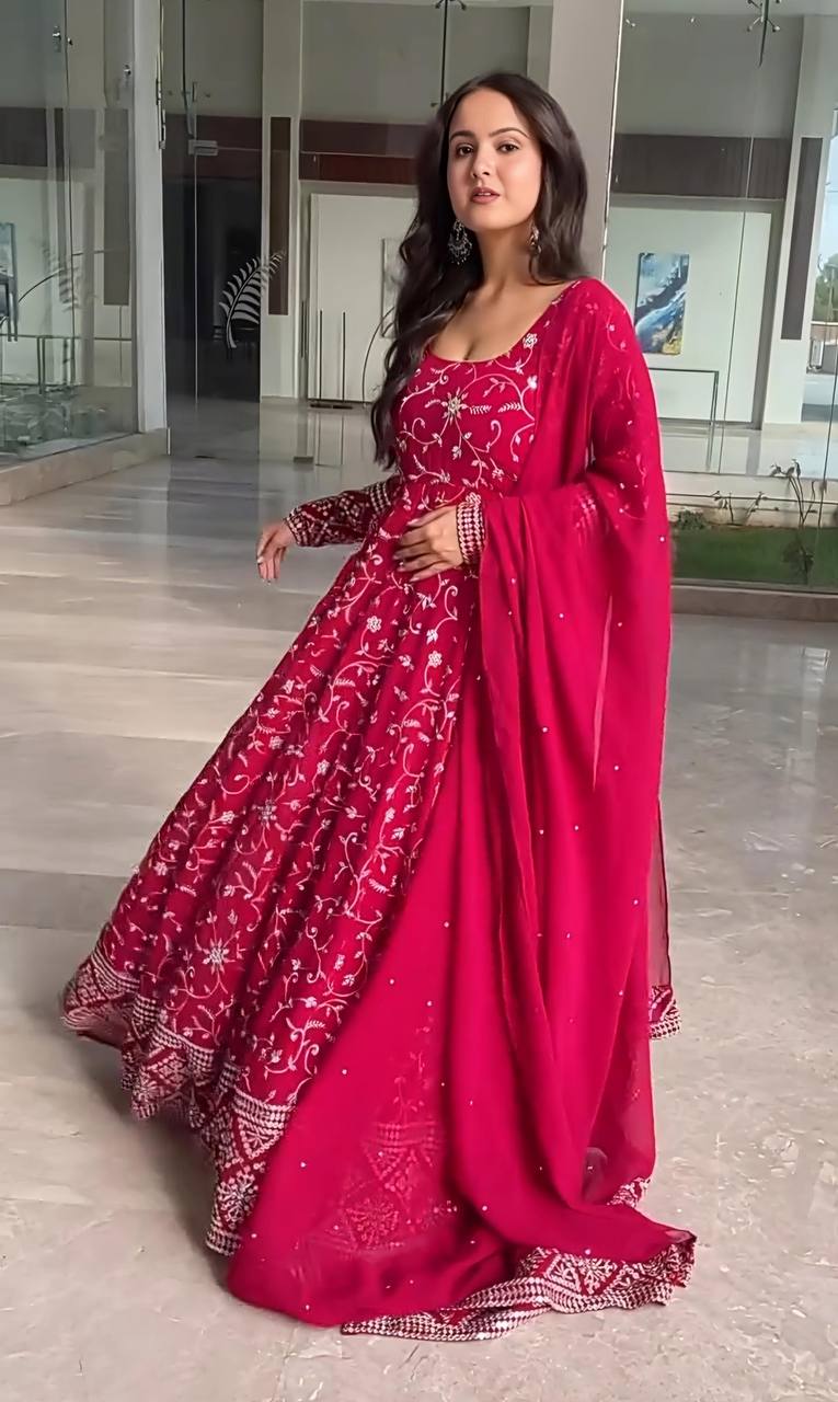 Designer Dark Pink Anarkali Suit Set with Embroidery Work Perfect for Festive Wear