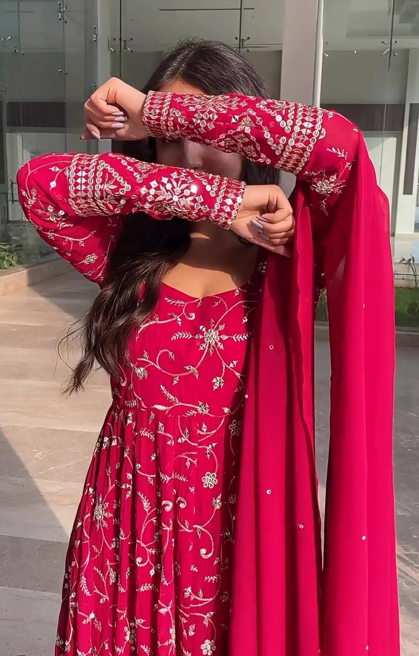 Designer Dark Pink Anarkali Suit Set with Embroidery Work Perfect for Festive Wear