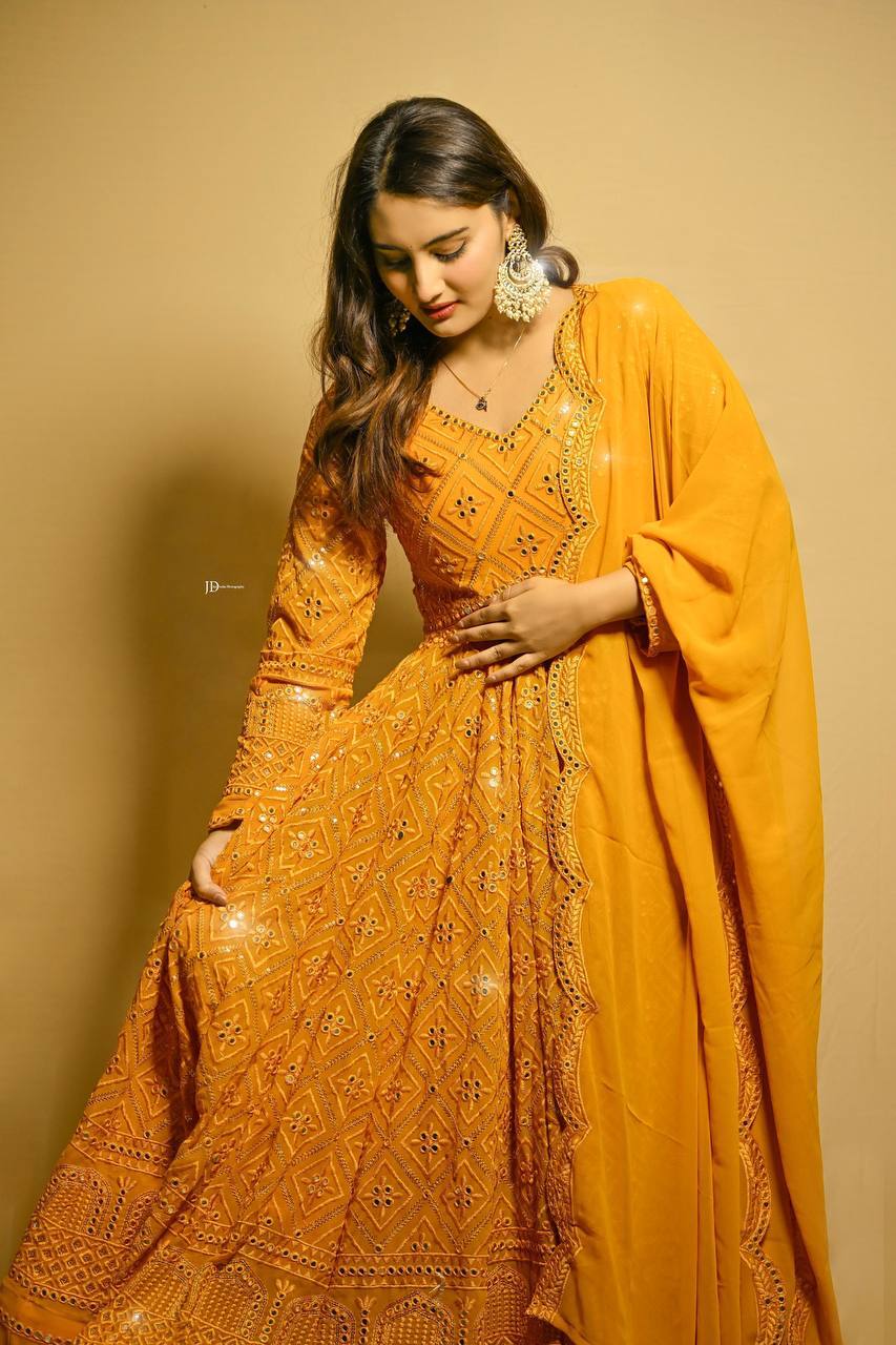 High-Quality Embroidered Masterd Yellow Anarkali Suit Set with Dupatta